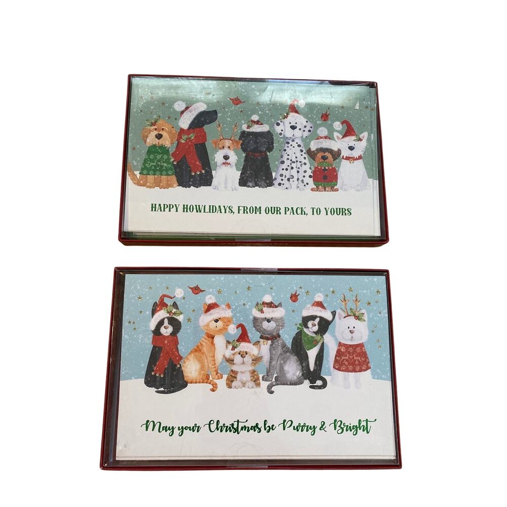 Boxed Christmas Cards Set Cats & Dogs Pet Holiday Greeting Cards 20 Ct total